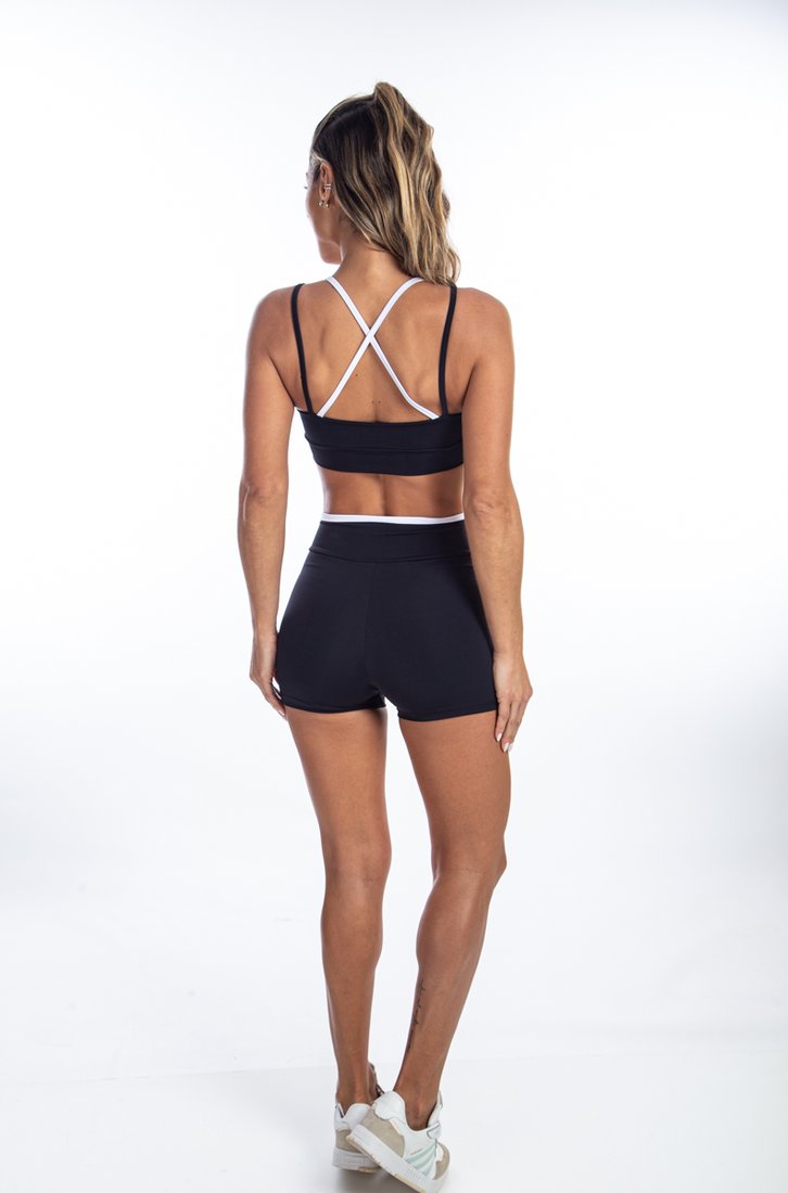 Conjunto Feminino Fitness Shorts e Top Duo Color Preto C/ Branco